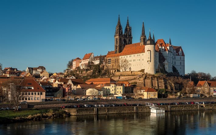 Meissen Cathedral, Albrechtsburg Castle, Elbe river, Meissen, evening, sunset, Meissen cityscape, castles of Germany, Saxony, Germany