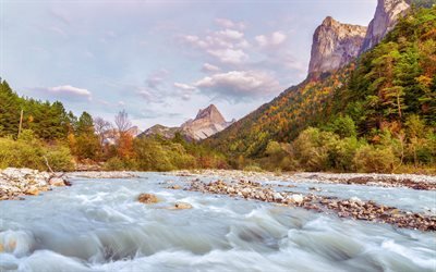 Alpi, 4K, montagne, fiume, bellissima natura, autunno, Francia, Europa