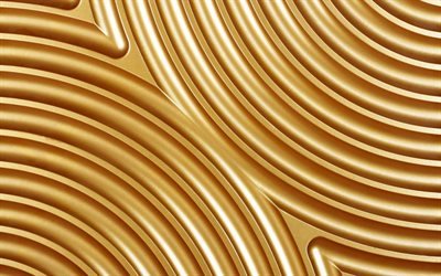 golden 3D waves, wavy backgrounds, waves textures, 3D textures, background with waves, golden backgrounds, 3D waves textures, metal textures