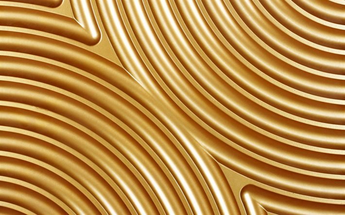 ondas 3D douradas, fundos ondulados, texturas de ondas, texturas 3D, fundo com ondas, fundos dourados, texturas de ondas 3D, texturas de metal