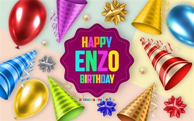 Happy Birthday Enzo, 4k, Birthday Balloon Background, Enzo, creative art, Happy Enzo birthday, silk bows, Enzo Birthday, Birthday Party Background