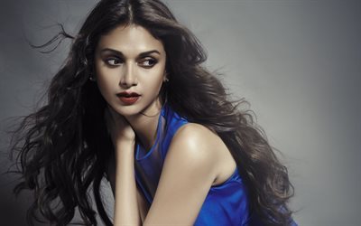 Aditi Rao Hydari, Indian actress, beautiful girl, brunette, makeup, portrait, blue dress