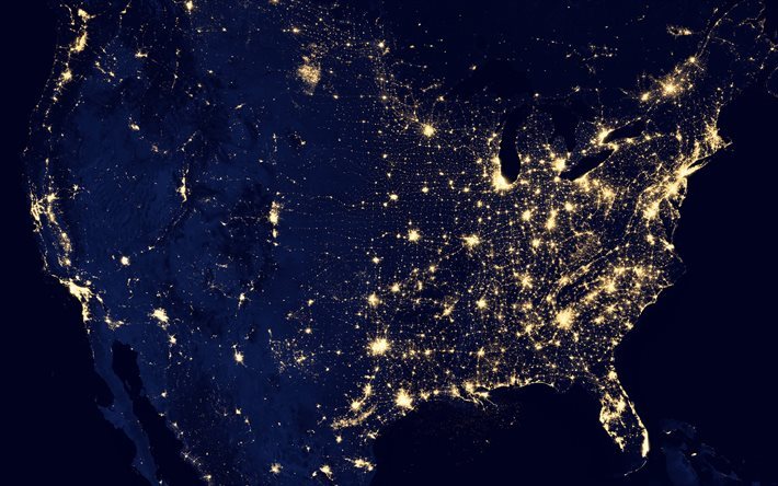 spazio, America del Nord, di notte, in America dallo spazio, USA