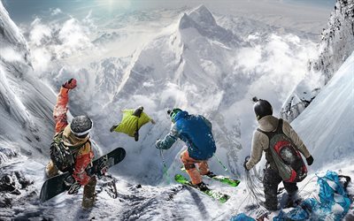 winter extreme sports, winter, mountains, snowboarding, skiing, extreme sports, parachuting