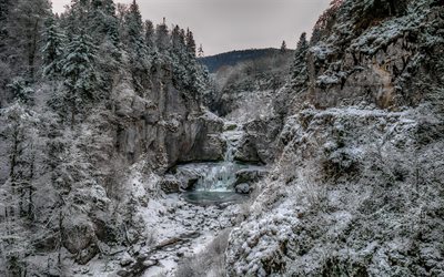 winter, rocks, waterfalls, snow, forest, mountains