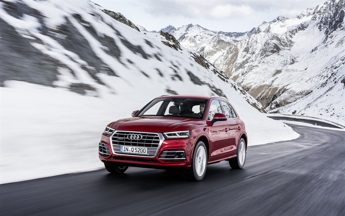 Audi Q5, 2018, rojo cruzado, coches nuevos, rojo Q5, carretera de monta&#241;a, equitaci&#243;n de invierno, Audi