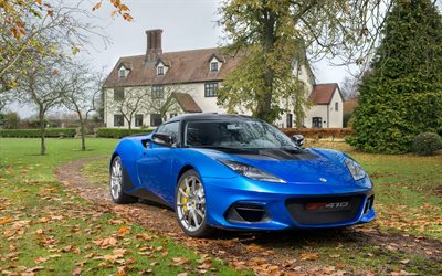 Lotus Evora GT410 Sport, 2018, British sports car, sports coupe, blue Evora, Lotus
