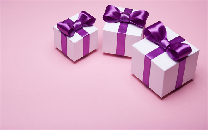 scatole regali, seta viola archi, vacanze, regali