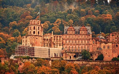 Heidelbergs Slott, berg, h&#246;st, Tyskland, gamla slott, &#229;teruppbyggnad, Heidelberg