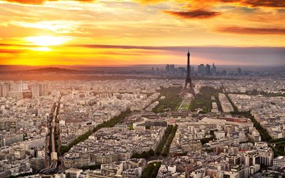 4k, Paris, Eiffeltornet, sunset, franska landm&#228;rken, panorama, Frankrike, Europa