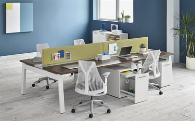 blue office, tables, 4k, stylish interior, office, modern design, interior idea