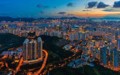 Hong Kong, kv&#228;ll, panorama city, skyskrapor, stadens ljus, Kina