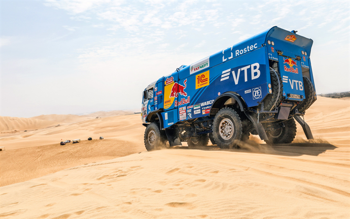 Kamaz, rally truck, team, KAMAZ-master, Eduard Nikolaev, sand dunes, desert, Dakar Rally 2018, RedBull