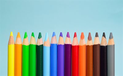 4k, colorful pencils, blue background, close-up, pencils