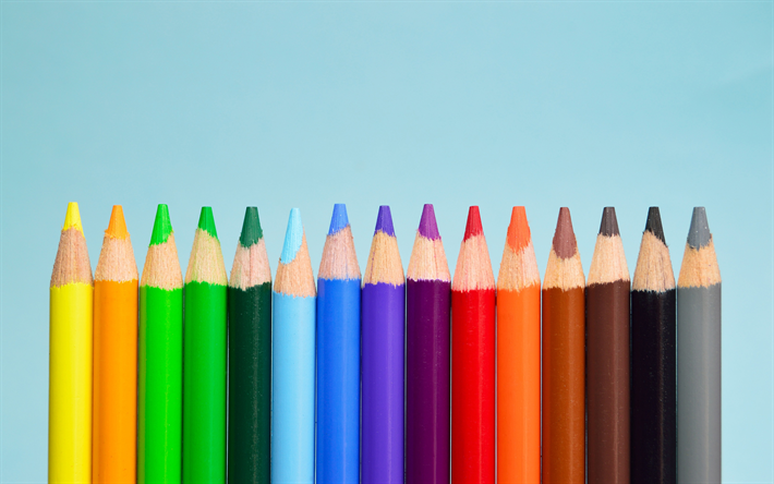 4k, colorful pencils, blue background, close-up, pencils