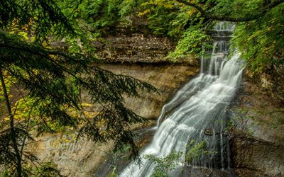 mountain waterfall, forest, rock, river, beautiful waterfalls