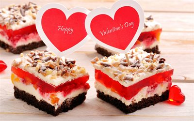 Happy Valentines Day, February 14, chocolate cakes, red hearts, romantic evening