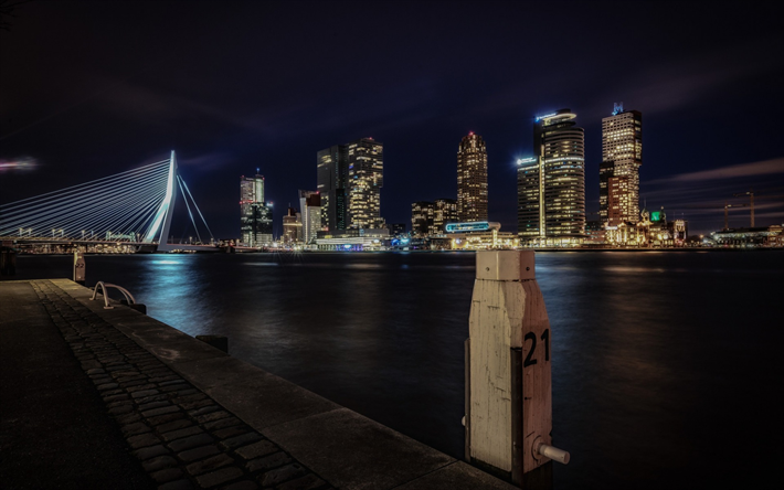Rotterdam, puente colgante, Puente Erasmus, Erasmusbrug, noche, pa&#237;ses Bajos, paisaje urbano, r&#237;o Maas