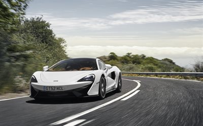 McLaren 570GT, 2018, Sport Pack, white supercar, racing car, road, speed