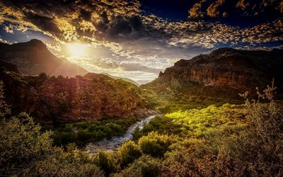 vall&#233;e de montagne, canyon, les rochers, coucher de soleil, montagne, rivi&#232;re, Salt River Canyon, Arizona, &#233;tats-unis