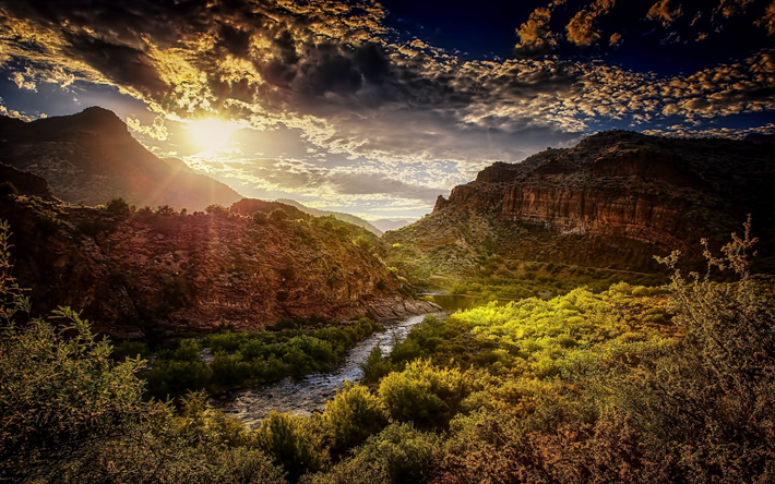 mountain valley, canyon, rocks, sunset, mountain river, Salt River Canyon, Arizona, USA
