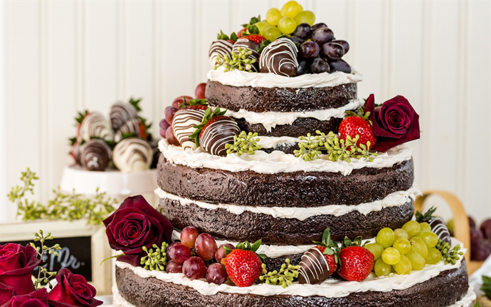 wedding cake, fruit, chocolate multi-tiered cake, wedding concepts, sweets, baked goods