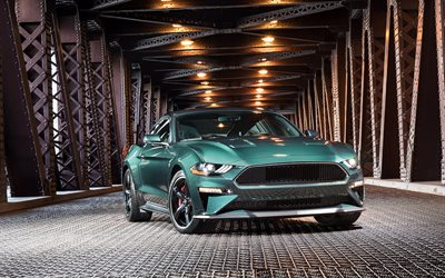 Ford Mustang, Bullitt, 2019, supercar, green sports coupe, tuning, green Mustang, iron riveted bridge, American cars, Ford