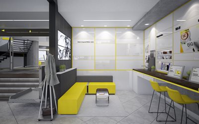 b&#252;ro, 4k, stilvolle inneneinrichtung, b&#252;roeinrichtung, gelb-sofa, modernes design, innenraum-idee