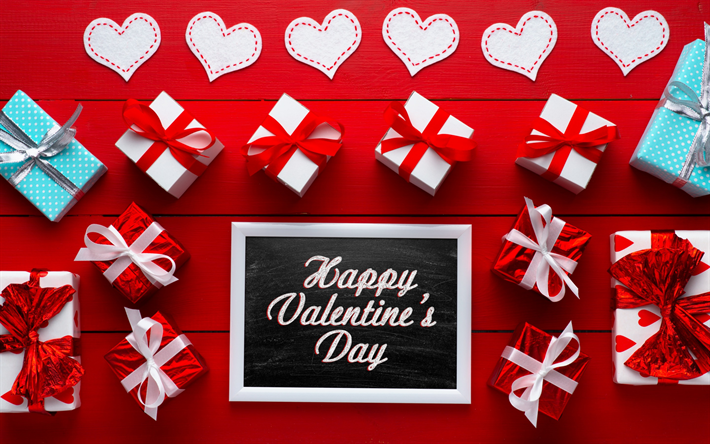 Happy Valentines Day, gift boxes, February 14, red boards, congratulations, white heart, romance