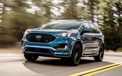 Ford Edge ST, 2019, new blue crossover, road, speed, blue Edge, Ford