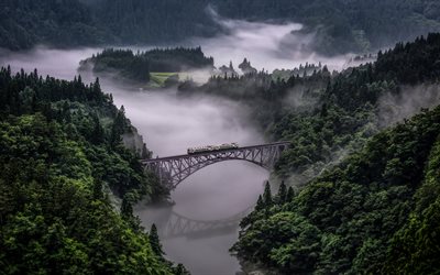 Tadami Line, Fukushima, Japan, bridge, mountain landscape, fog, forest, Japanese landscape