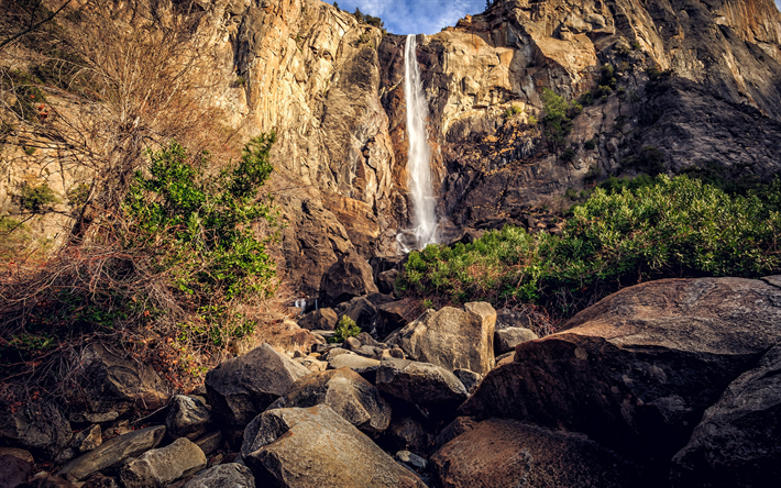 mountain waterfall, rocks, sunset, canyon, waterfalls, USA, Yosemite National Park