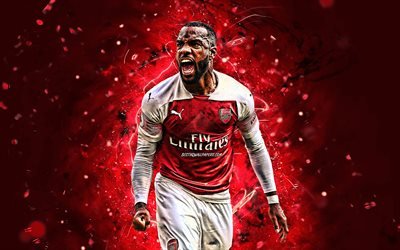 Alexandre Lacazette, goal, Arsenal FC, red background, french footballers, soccer, Lacazette, Premier League, football, The Gunners, neon lights