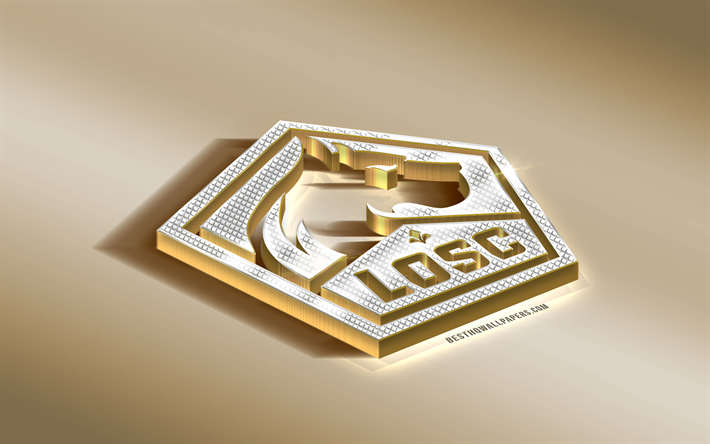Download wallpapers Lille OSC, French football club, golden silver logo