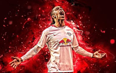 Yussuf Poulsen, goal, danish footballers, RB Leipzig FC, joy, soccer, Yussuf Yurary Poulsen, Bundesliga, abstract art, neon lights, Poulsen RB Leipzig