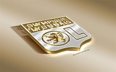 1 Olympique Lyon, Fransız Futbol Kul&#252;b&#252;, altın g&#252;m&#252;ş logo, Lyon, Fransa, İzle, 3d altın amblemi, yaratıcı 3d sanat, futbol