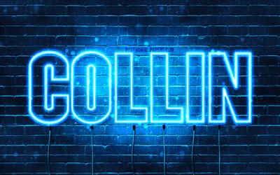 Collin, 4k, tapeter med namn, &#246;vergripande text, Collin namn, bl&#229;tt neonljus, bilden med namn Collin