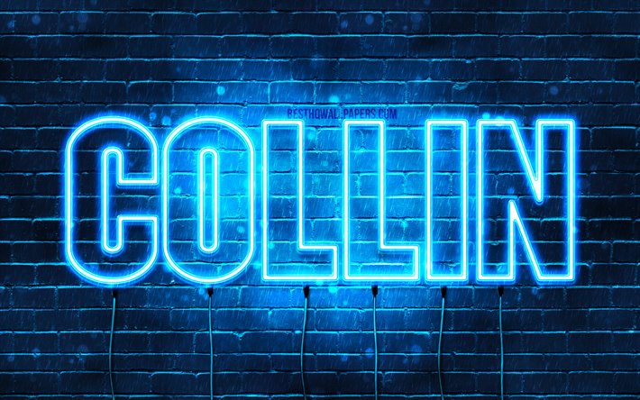 Collin, 4k, pap&#233;is de parede com os nomes de, texto horizontal, Collin nome, luzes de neon azuis, imagem com Collin nome