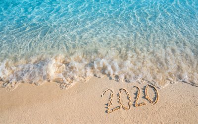 2020 begrepp, beach, sand, inskriptionen 2020 i sanden, sommaren 2020, Gott Nytt &#197;r 2020, sommar