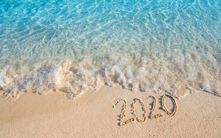 2020 concetti, spiaggia, sabbia, iscrizione 2020 nella sabbia, estate 2020, Felice Nuovo Anno 2020, estate