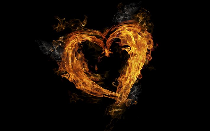 fiery cuore, sfondo nero, fuoco, fiamma, il cuore fiammeggiante
