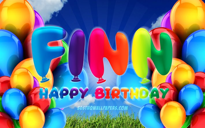Finn Happy Birthday, 4k, cloudy sky background, popular german male names, Birthday Party, colorful ballons, Finn name, Happy Birthday Finn, Birthday concept, Finn Birthday, Finn