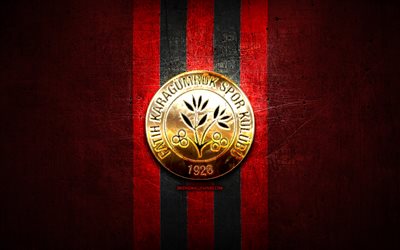 Fatih Karagumruk FC, golden logo, 1 Lig, red metal background, football, Fatih Karagumruk, turkish football club, Fatih Karagumruk logo, soccer, Turkey
