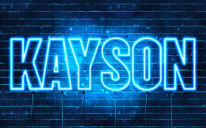 Kayson, 4k, sfondi per il desktop con i nomi, il testo orizzontale, Kayson nome, neon blu, immagine con nome Kayson