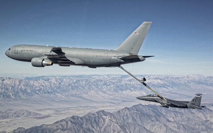 Boeing KC-46A Pegasus, McDonnell Douglas F-15 Eagle, military aircraft, US Air Force, refueling aircraft in the sky, Boeing