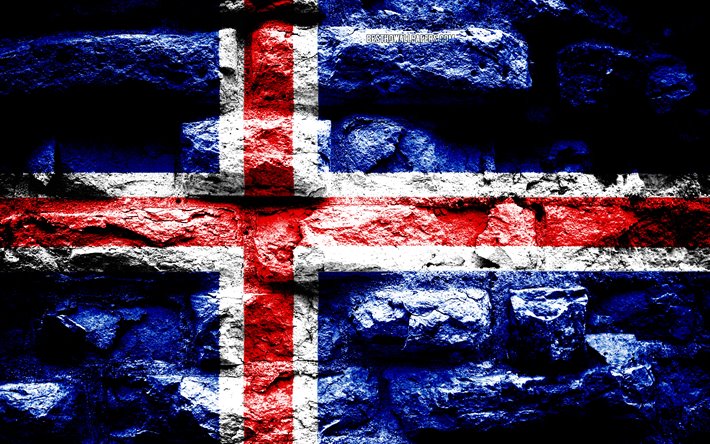 Islands flagga, grunge tegel konsistens, Flagga av Island, flaggan p&#229; v&#228;ggen, Island, Europa, flaggor f&#246;r europeiska l&#228;nder