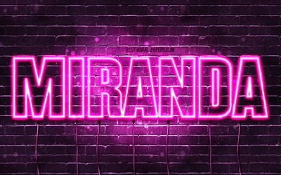 Miranda, 4k, wallpapers with names, female names, Miranda name, purple neon lights, horizontal text, picture with Miranda name