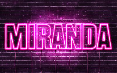 miranda, 4k, tapeten, die mit namen, weibliche namen, miranda namen, purple neon lights, horizontal, text, bild mit miranda namen