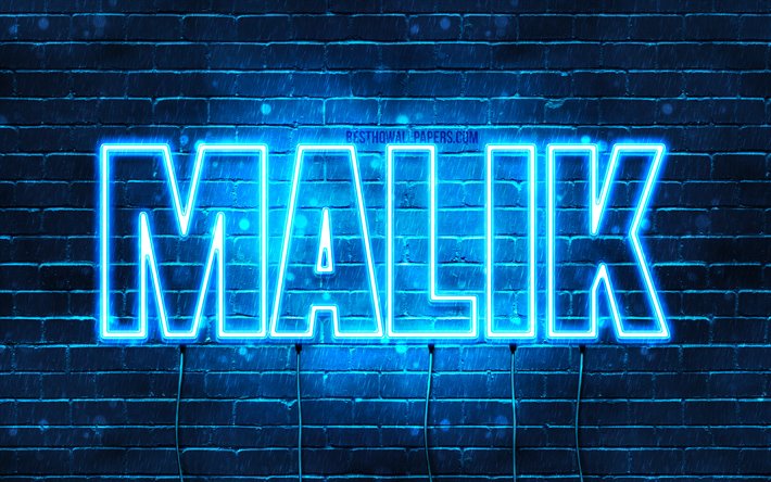Malik, 4k, tapeter med namn, &#246;vergripande text, Malik namn, bl&#229;tt neonljus, bild med Malik namn