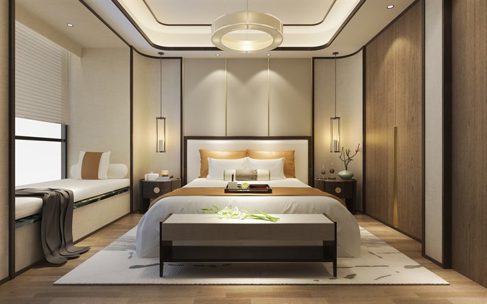 elegante camera da letto matrimoniale interni, interni moderni, design, camera da letto, arredamento in stile, rotondo lampadario